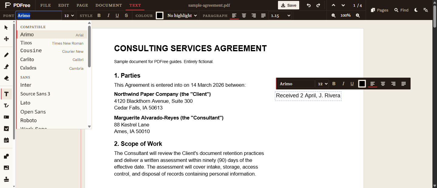 The font list open under the Text tab, showing the Compatible group with Arimo, Tinos, Cousine, Carlito and Caladea, each labelled with the Microsoft font it matches, and the start of the Sans group.