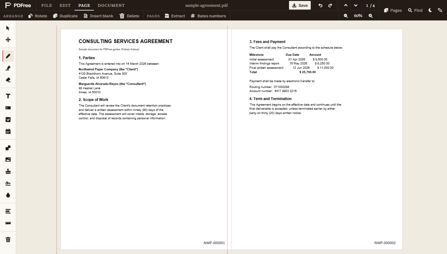 Two pages side by side at 60 percent zoom, each carrying a Bates number in its bottom right corner, reading NWP-000001 and NWP-000002.