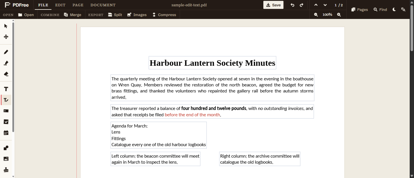A page of meeting minutes in the PDFree editor with the Edit Text tool selected and a thin outline around the title, each paragraph, the agenda list, and the two columns.