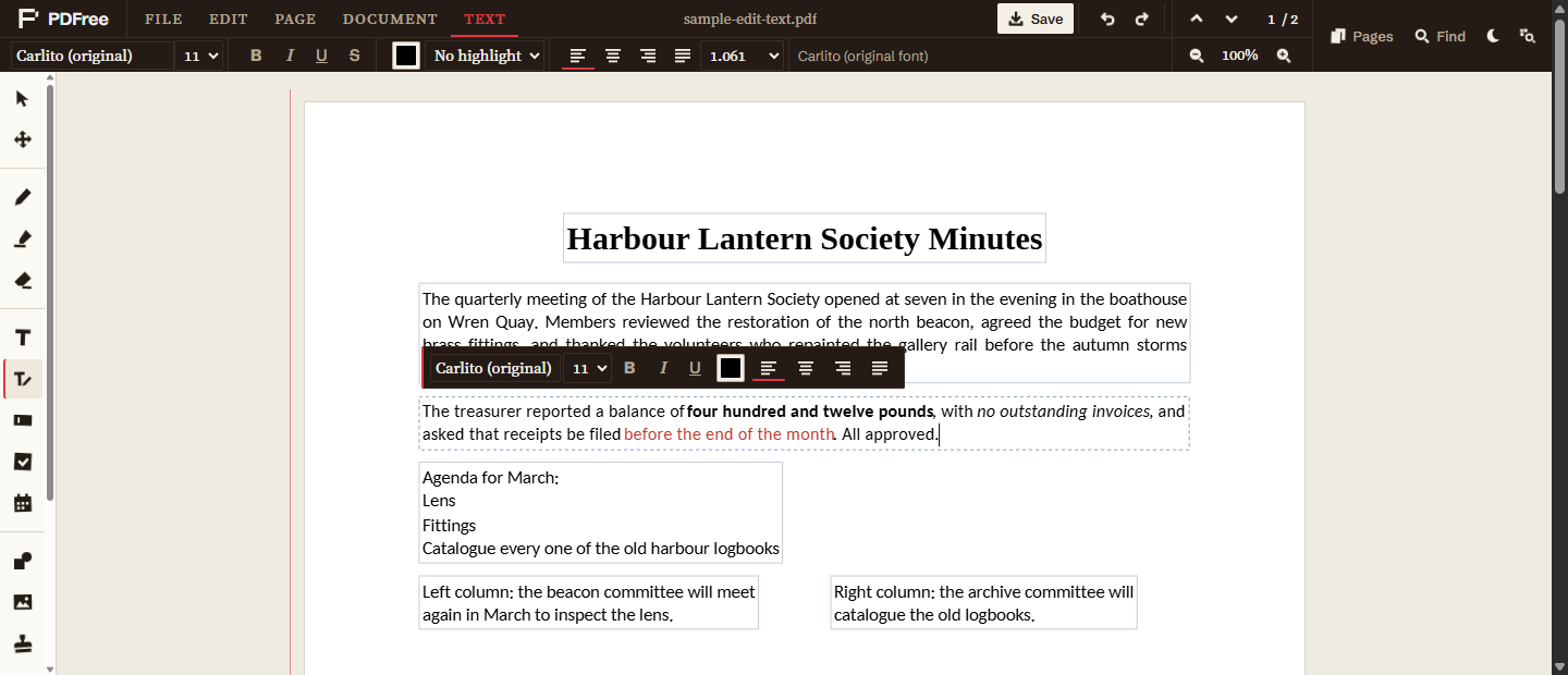 The treasurer's paragraph open for editing with the words All approved added at its end, the Text tab showing Carlito (original) in the font box and the note Carlito (original font).