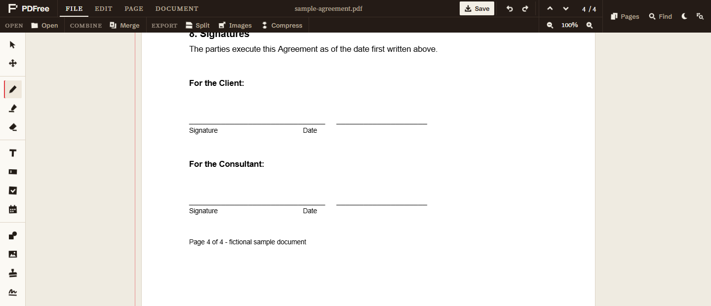 Page four of the sample agreement in the PDFree editor, showing empty signature and date rules with printed captions and no interactive fields.