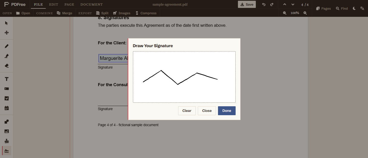 The Draw Your Signature dialog open over the document, with a signature drawn on a white canvas and Clear, Close and Done buttons.