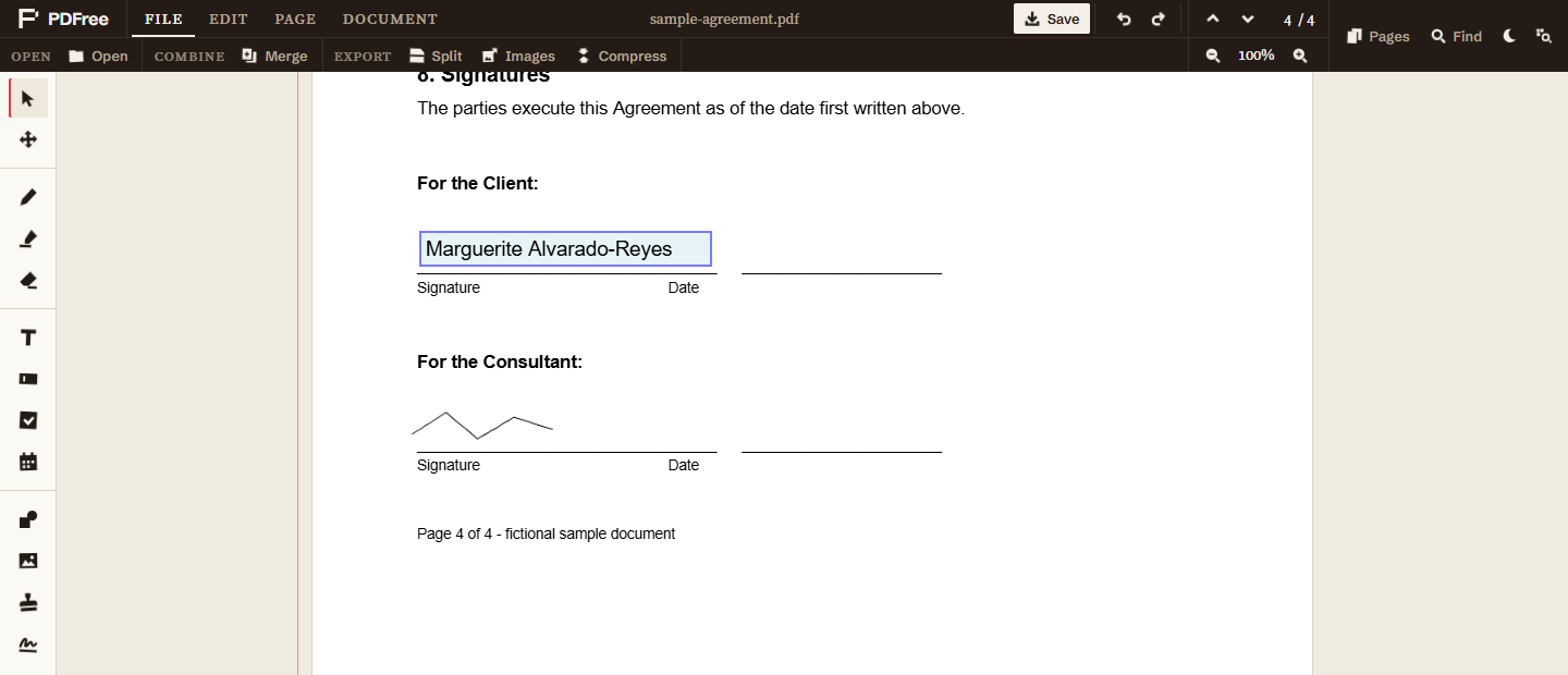 The same signature block with a filled text field reading Marguerite Alvarado-Reyes on the client rule and a handwritten signature on the consultant rule.