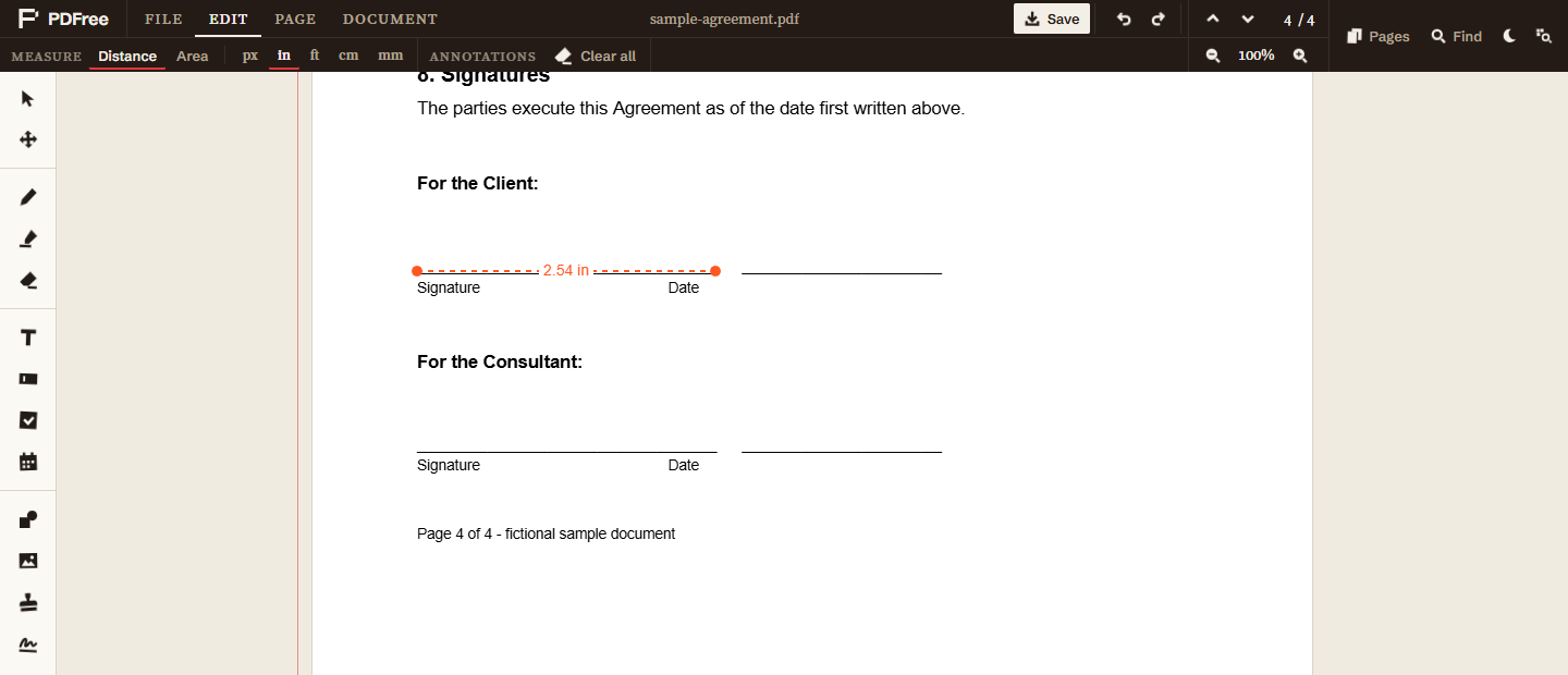 A red dashed measurement line drawn along a printed signature rule, labelled 2.54 in, with the Edit tab showing in selected among px, in, ft, cm and mm.