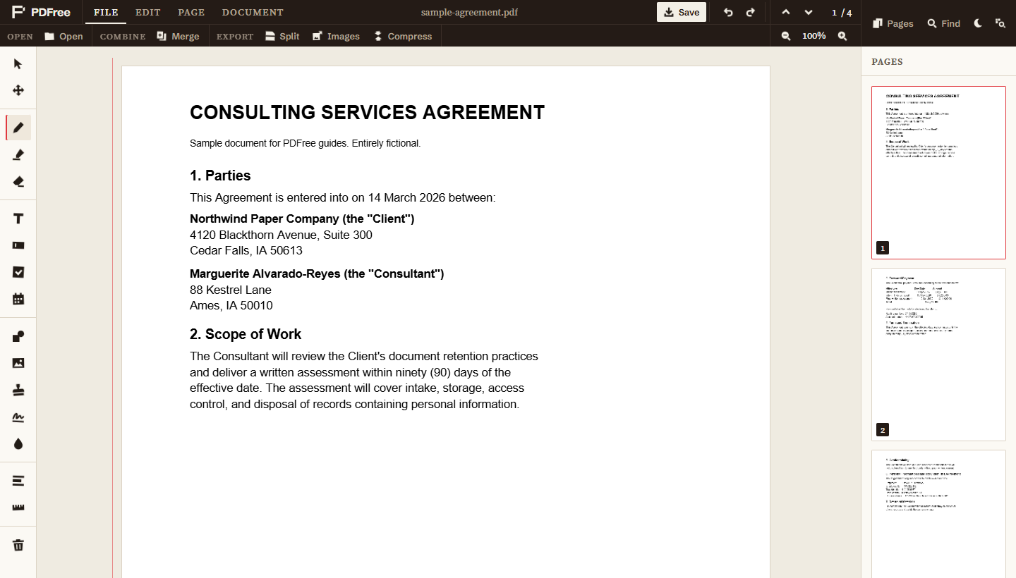 The editor with the Pages sidebar open showing the four pages of the original agreement before anything is merged.