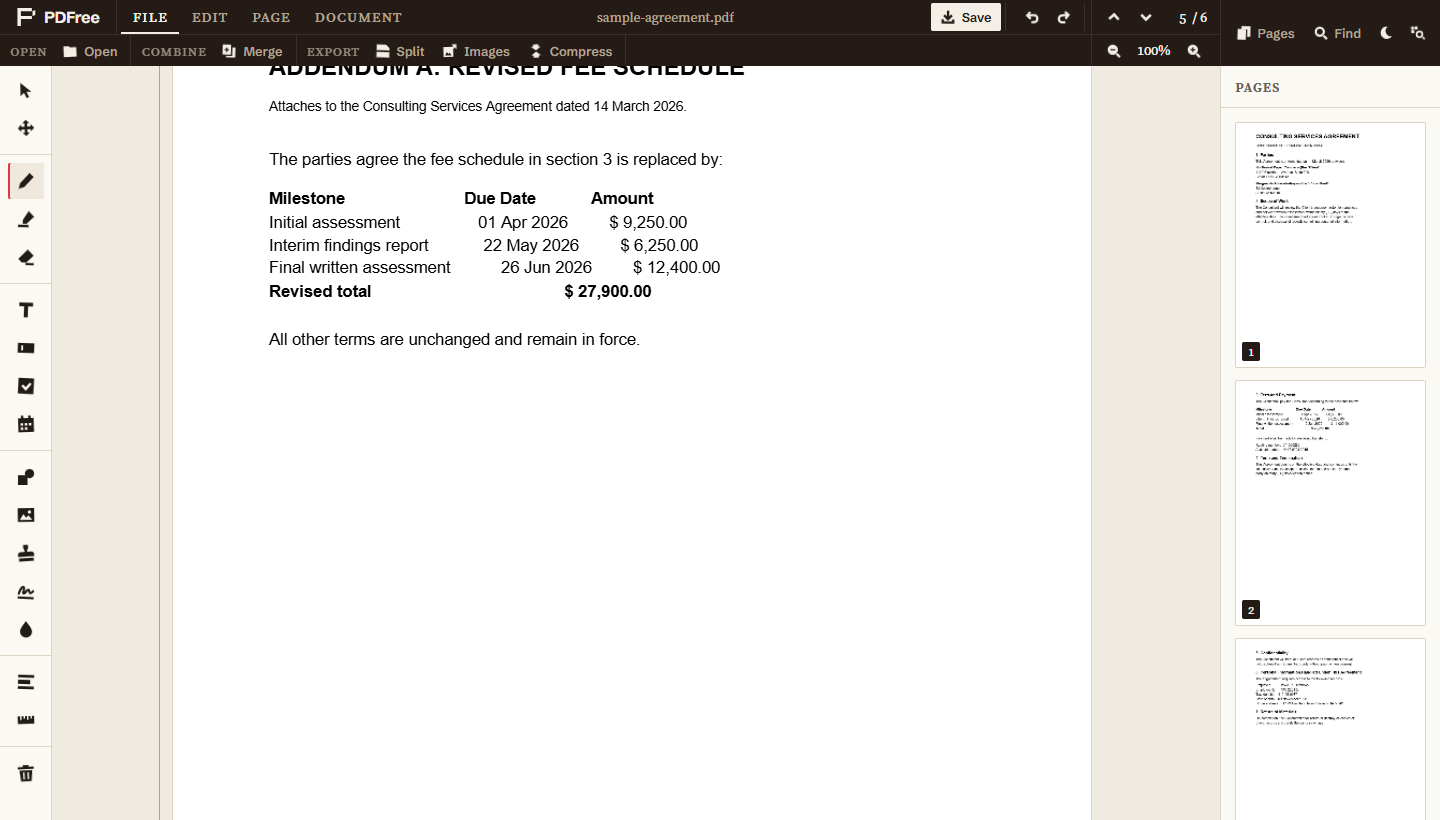 The page counter reading five of six, displaying an Addendum A page that came from a second PDF, with the original pages still listed in the sidebar.