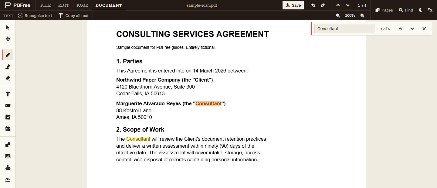 A page that was a flat image, now with the word Consultant highlighted twice by the find bar, which reports one of six matches.