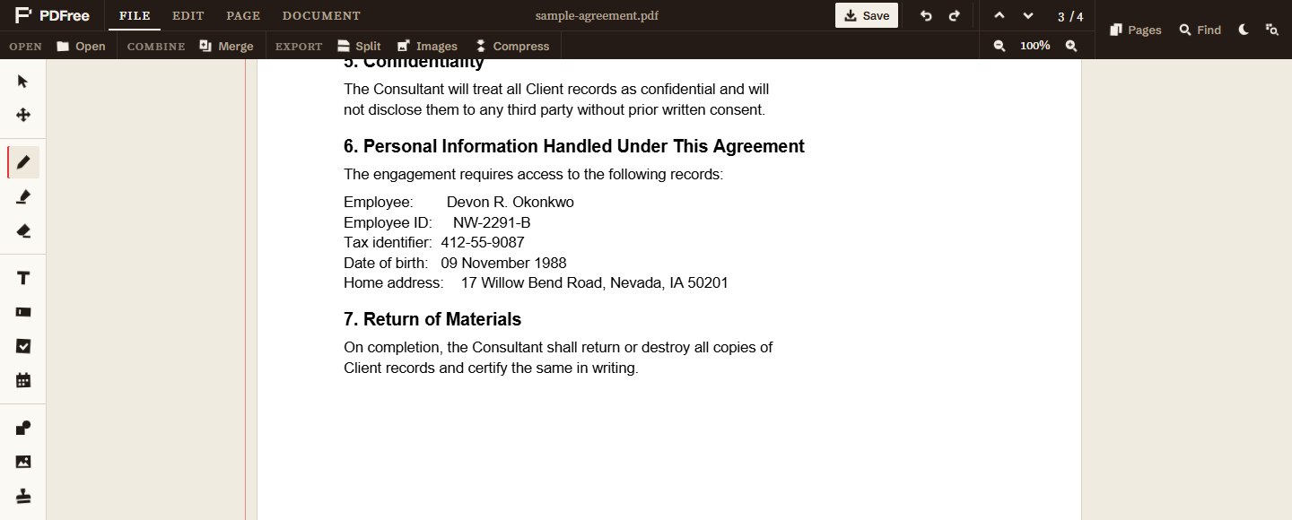 The PDFree editor showing page three of a contract. An employee tax identifier and date of birth appear as ordinary selectable text.