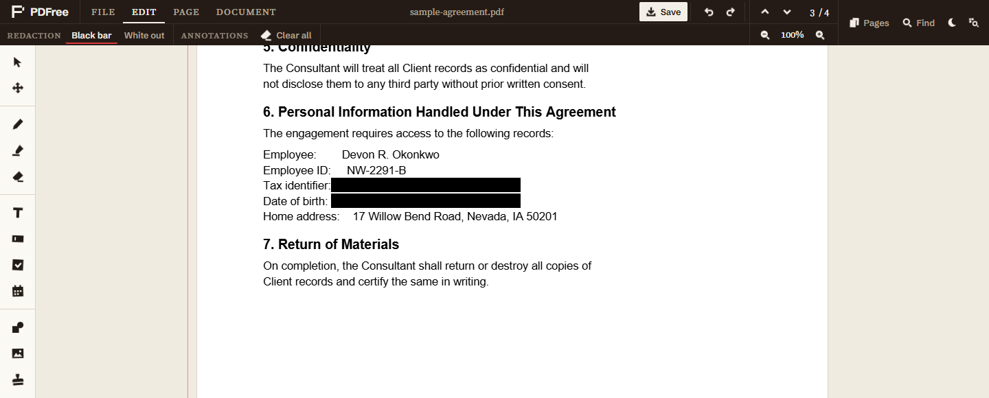The same page after redaction, with solid black bars covering the tax identifier and the date of birth. Surrounding lines are untouched.