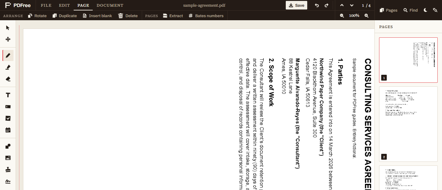 Page one displayed rotated ninety degrees so its text runs vertically, while the sidebar thumbnails for pages two and three remain upright.