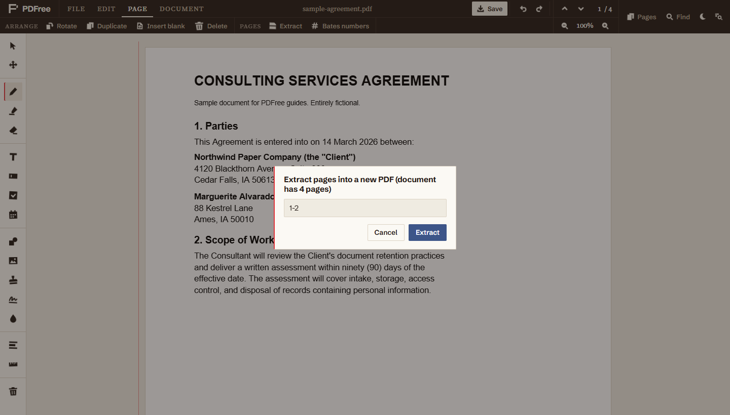 The Extract pages dialog showing the document has four pages, a range field containing 1-2, and Cancel and Extract buttons.