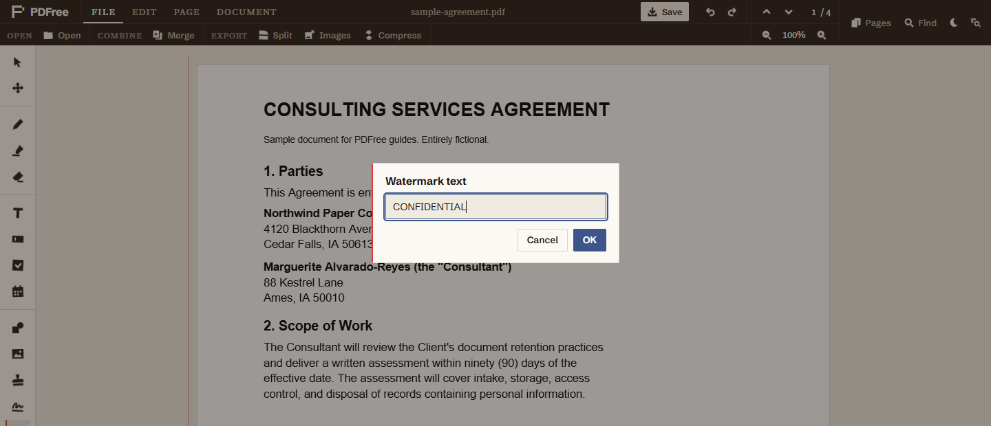 The Watermark text dialog with the word CONFIDENTIAL typed into it, beside Cancel and OK buttons.