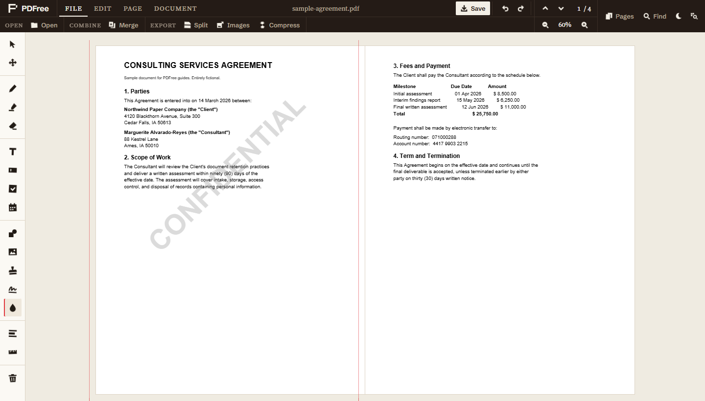 Page one showing a large grey diagonal CONFIDENTIAL across its text, with page two beside it carrying no watermark at all.
