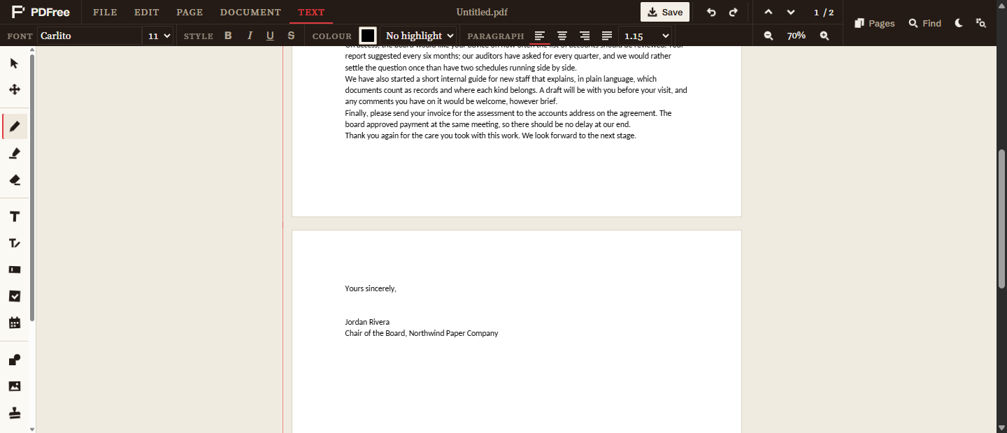 A letter written in the editor, zoomed out: the last paragraphs fill the bottom of page one and the sign-off, Yours sincerely, Jordan Rivera, continues at the top of page two.