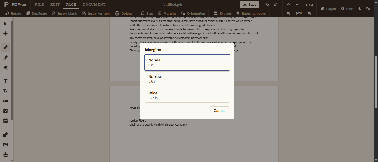 The Page tab open with Rotate, Duplicate, Insert blank, Insert written, Delete, then Size, Margins and Orientation, and a Margins dialog offering Normal 1 in, Narrow 0.5 in and Wide 1.25 in.